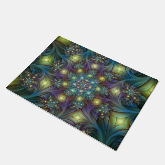 Illuminated Abstract Shiny Teal Purple Fractal Art Doormat (Angled)