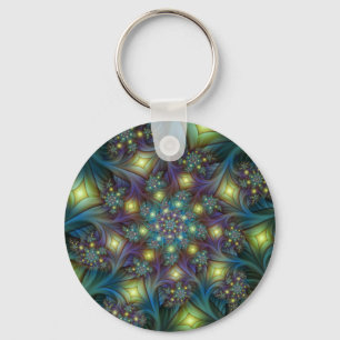 Illuminated Abstract Shiny Teal Purple Fractal Art Key Ring