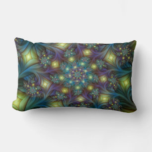 Illuminated Abstract Shiny Teal Purple Fractal Art Lumbar Cushion