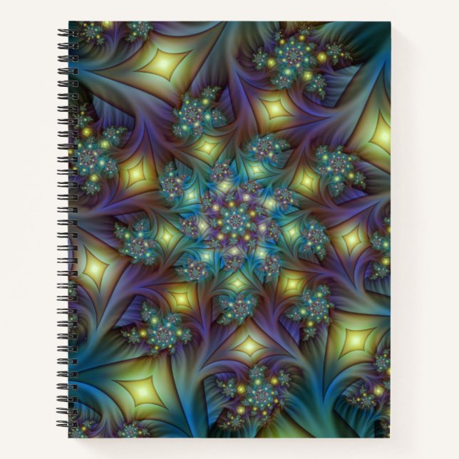 Illuminated Abstract Shiny Teal Purple Fractal Art Notebook (Front)