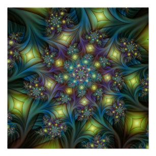 Illuminated Abstract Shiny Teal Purple Fractal Art Poster