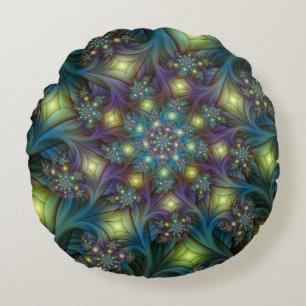 Illuminated Abstract Shiny Teal Purple Fractal Art Round Cushion