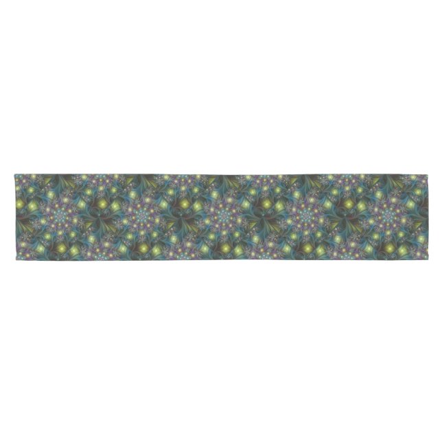 Illuminated Abstract Shiny Teal Purple Fractal Art Short Table Runner (Horizontal)