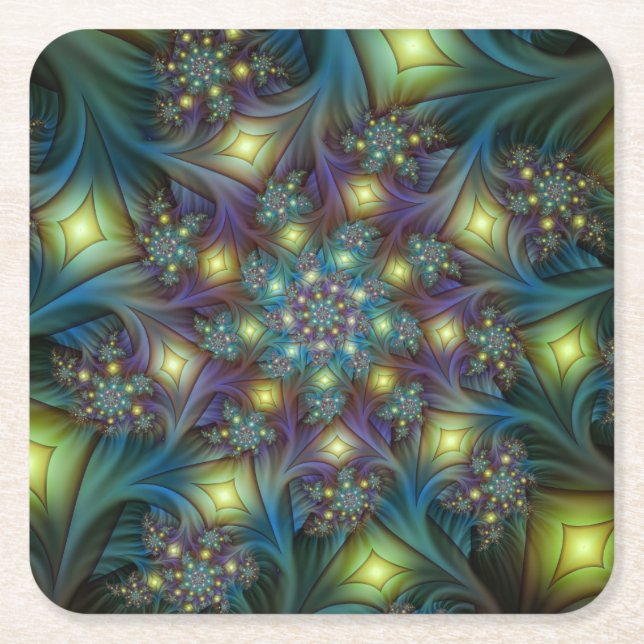 Illuminated Abstract Shiny Teal Purple Fractal Art Square Paper Coaster (Front)