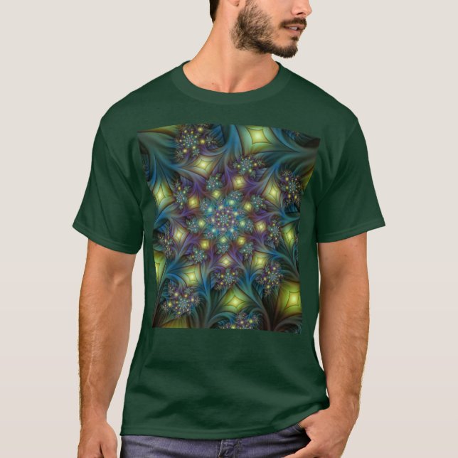 Illuminated Abstract Shiny Teal Purple Fractal Art T-Shirt (Front)
