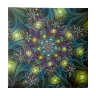 Illuminated Abstract Shiny Teal Purple Fractal Art Tile