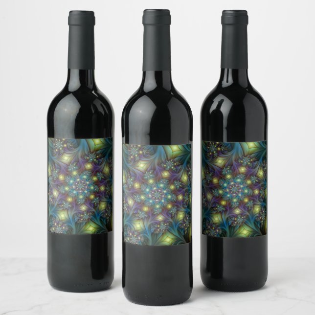 Illuminated Abstract Shiny Teal Purple Fractal Art Wine Label (Bottles)