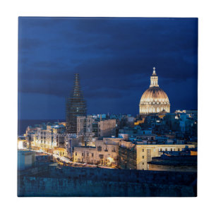 Illuminated at night Valletta old town and harbor Tile