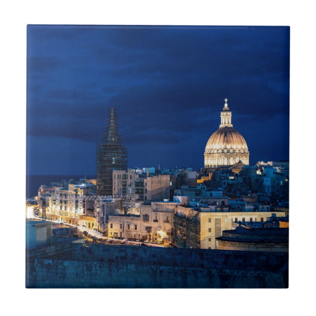 Illuminated at night Valletta old town and harbor Tile (Front)