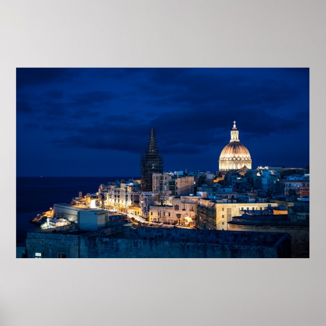 Illuminated at night Valletta old town and harbour Poster (Front)