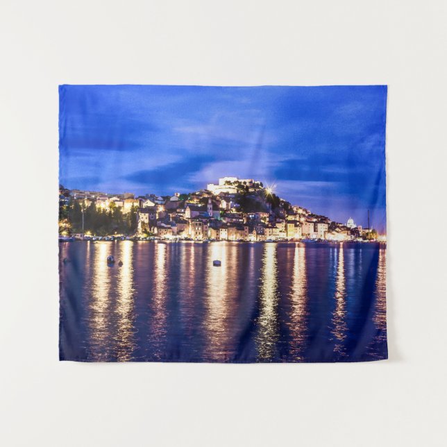Illuminated harbor in Sibenik, Croatia Tapestry (Front (Horizontal))