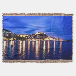 Illuminated harbor in Sibenik, Croatia Throw Blanket