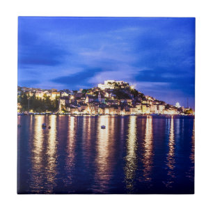 Illuminated harbor in Sibenik, Croatia Tile