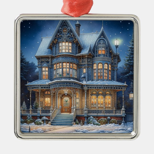 Illuminated House on a Christmas Eve Metal Tree Decoration (Front)