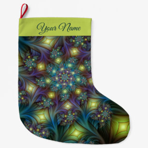 Illuminated modern blue purple Fractal Art Name Large Christmas Stocking