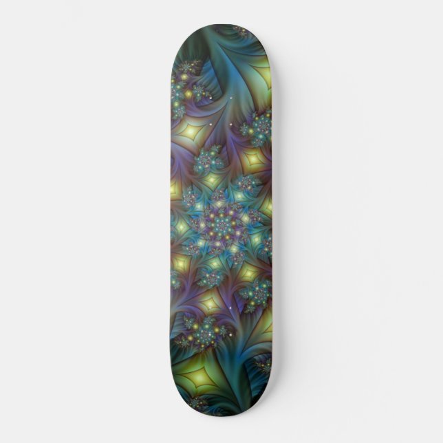 Illuminated modern blue purple Fractal Pattern Skateboard (Front)