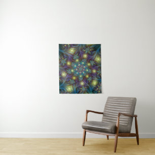 Illuminated modern blue purple Fractal Pattern Tapestry