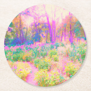 Illuminated Pink and Coral Garden Landscape Round Paper Coaster