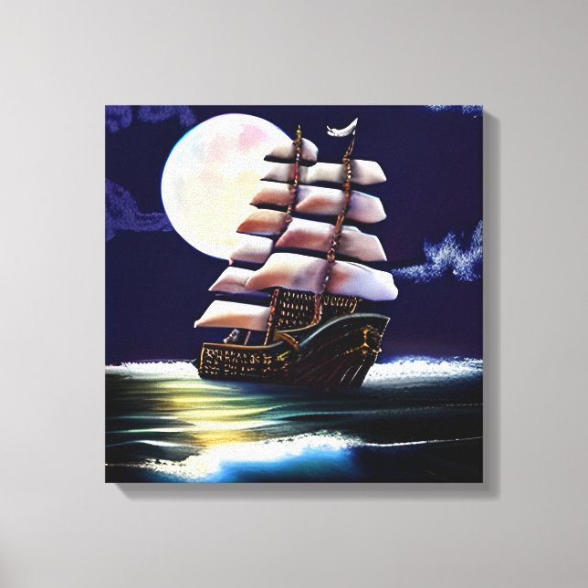 Illuminated Ship on the Ocean under the Moon Canvas Print (Front)