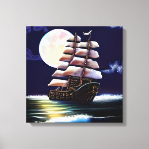 Illuminated Ship on the Ocean under the Moon Canvas Print