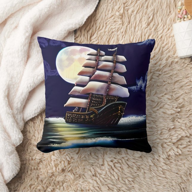 Illuminated Ship on the Ocean under the Moon Cushion (Blanket)