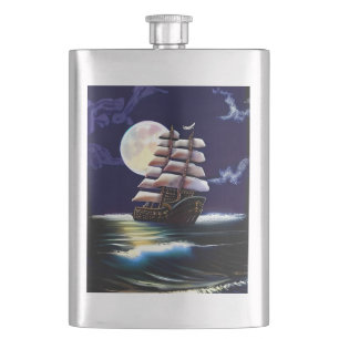 Illuminated Ship on the Ocean under the Moon Hip Flask