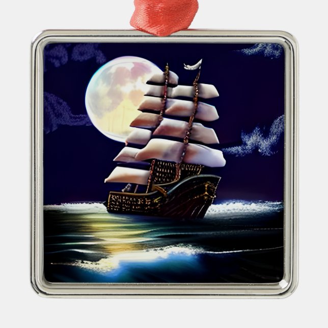Illuminated Ship on the Ocean under the Moon Metal Tree Decoration (Front)
