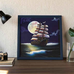 Illuminated Ship on the Ocean under the Moon Poster