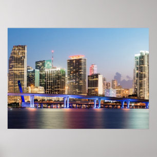 Illuminated skyline of downtown Miami at dusk Poster