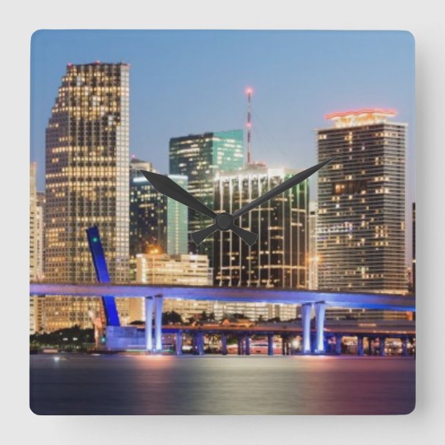 Illuminated skyline of downtown Miami at dusk Square Wall Clock (Front)