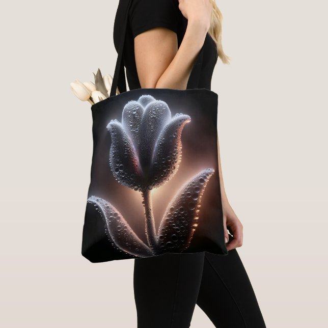 Illuminated Tulip With Raindrops Tote Bag (Close Up)