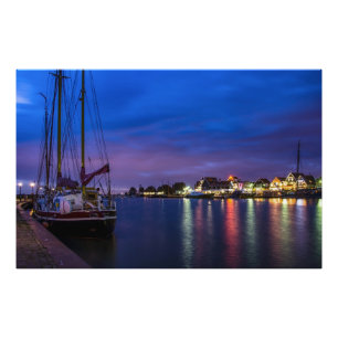Illuminated Volendam harbor at night Photo Print