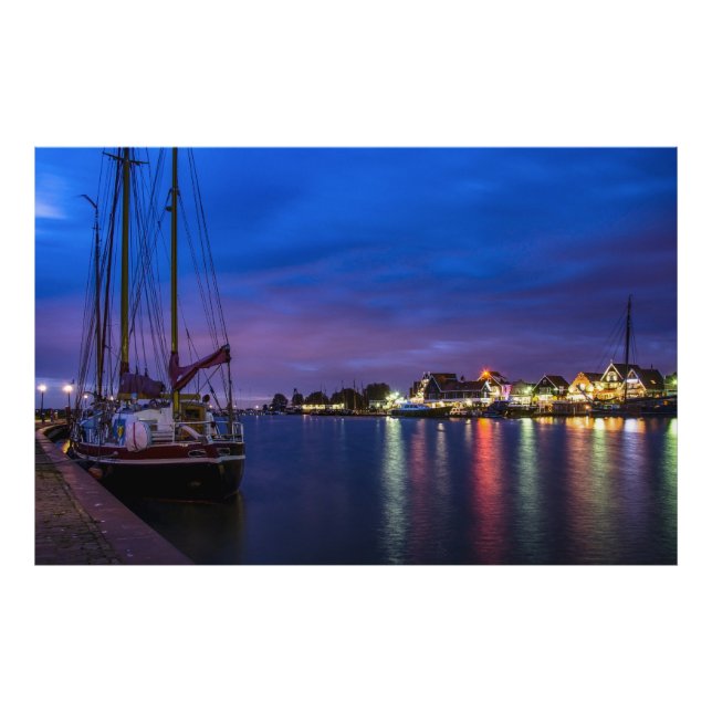 Illuminated Volendam harbor at night Photo Print (Front)