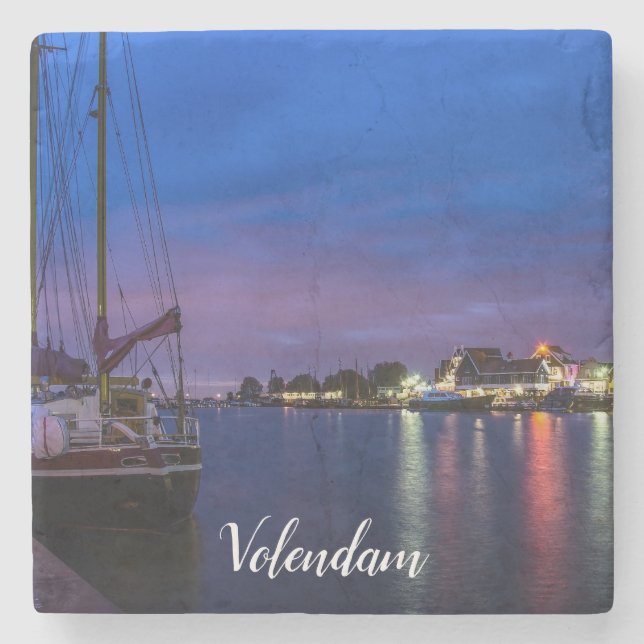 Illuminated Volendam harbor at night Stone Coaster (Front)