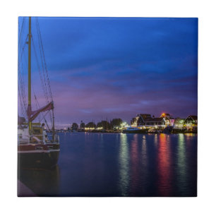 Illuminated Volendam harbor at night Tile