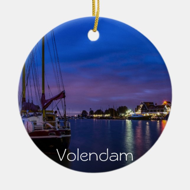 Illuminated Volendam harbour at night Ceramic Tree Decoration (Front)