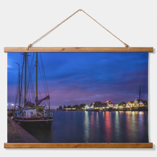Illuminated Volendam harbour at night Hanging Tapestry (Front)