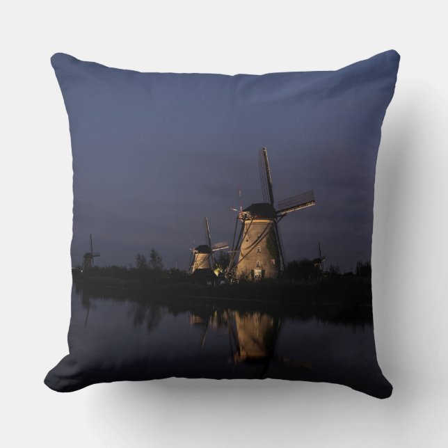 Illuminated windmill at Blue Hour throw pillow (Front)