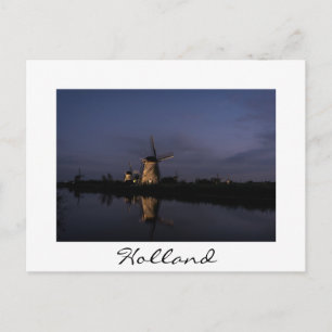 Illuminated windmill at Blue Hour white postcard