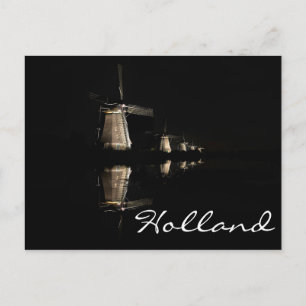 Illuminated windmills in Kinderdijk text postcard