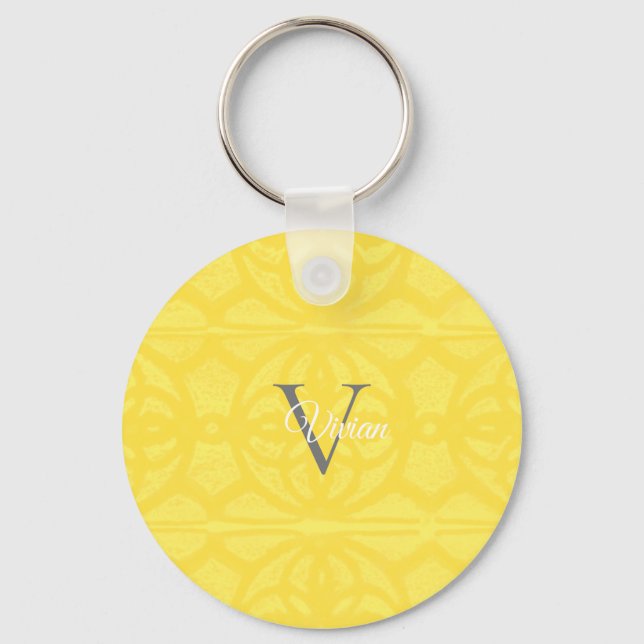 Illuminating Yellow Watercolor Batik Monogram Name Key Ring (Front)