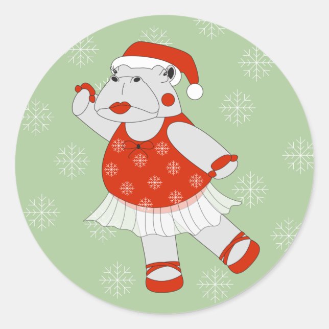 illusima Ballerina Hippo Christmas Snowflakes Classic Round Sticker (Front)