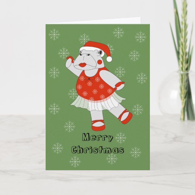 illusima Ballerina Hippo Christmas Snowflakes Holiday Card (Front)