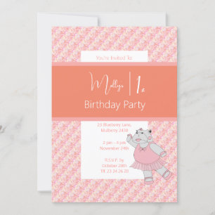 illusima Ballerina Hippo Floral Peach 1st Birthday Invitation