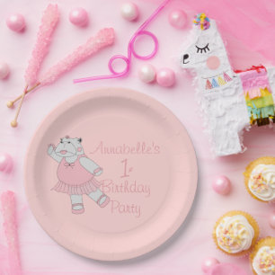 illusima Ballerina Hippo Light Pink 1st Birthday Paper Plate