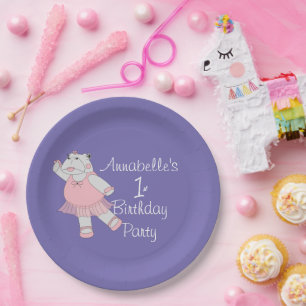 illusima Ballerina Hippo Purple 1st Birthday Paper Plate