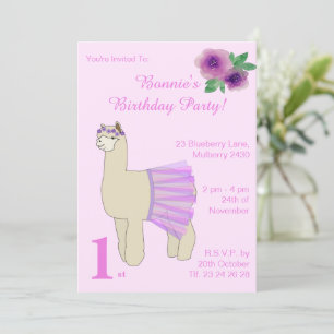 illusima Ballerina Llama Girls Pink Birthday Invitation