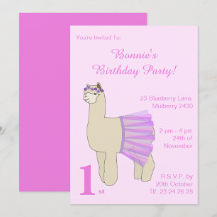 illusima Ballerina Llama Girls Pink Birthday Invitation