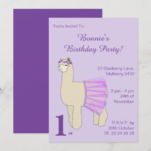 illusima Ballerina Llama Girls Purple Birthday Invitation