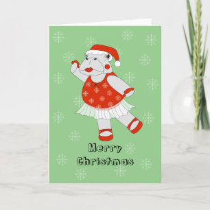 illusima Ballet Hippo Christmas Snowflakes Green Holiday Card